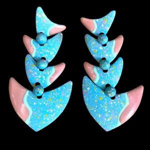 Huge 80s Pastel Articulated Fishbone Paint Splatter Earrings Dangle Runway Blue